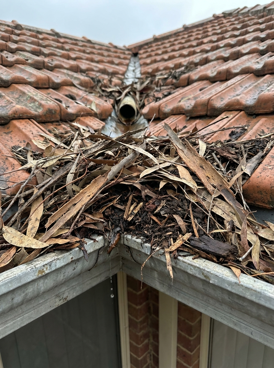 Perth residential gutter showing debris build-up before professional cleaning