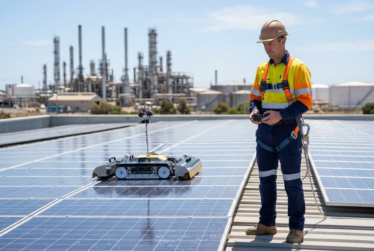 Purified Group technician cleaning commercial solar panels on a Kwinana Industrial Area facility rooftop using pure water pole system