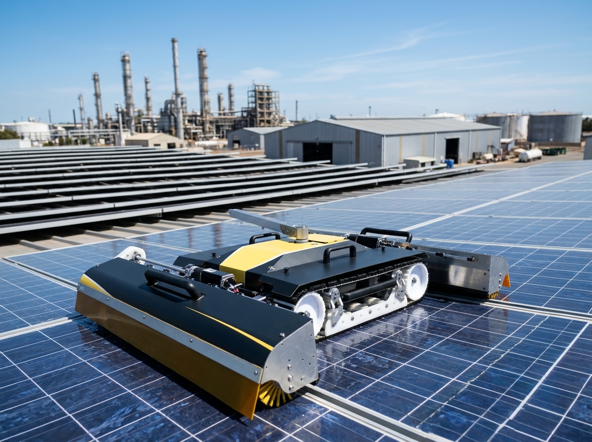 Close-up of heavily soiled commercial solar panels on a Kwinana Industrial Area warehouse rooftop, coated with industrial particulate and salt residue