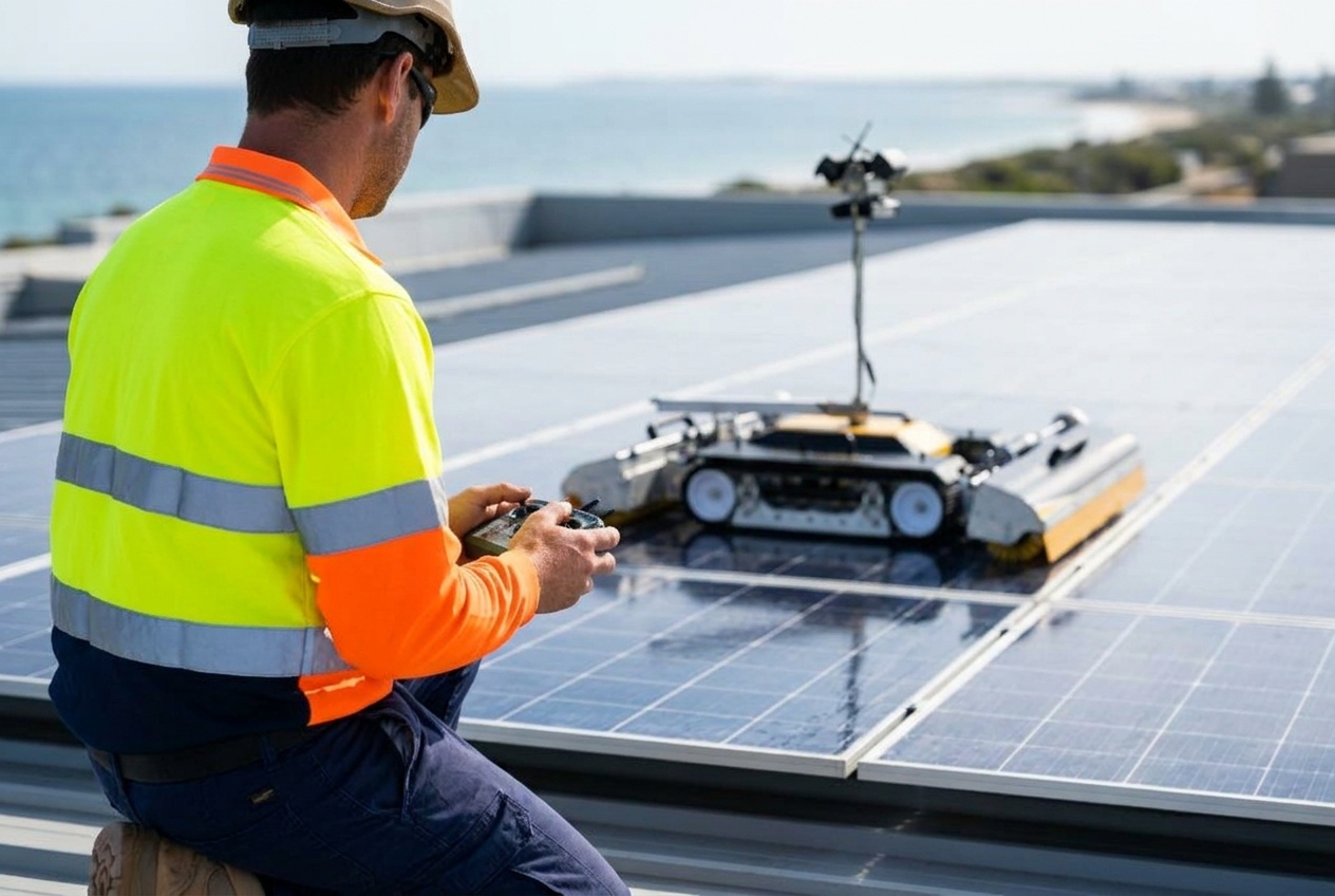 Purified Group commercial cleaning team completing solar panel and window cleaning on a Rockingham coastal commercial property