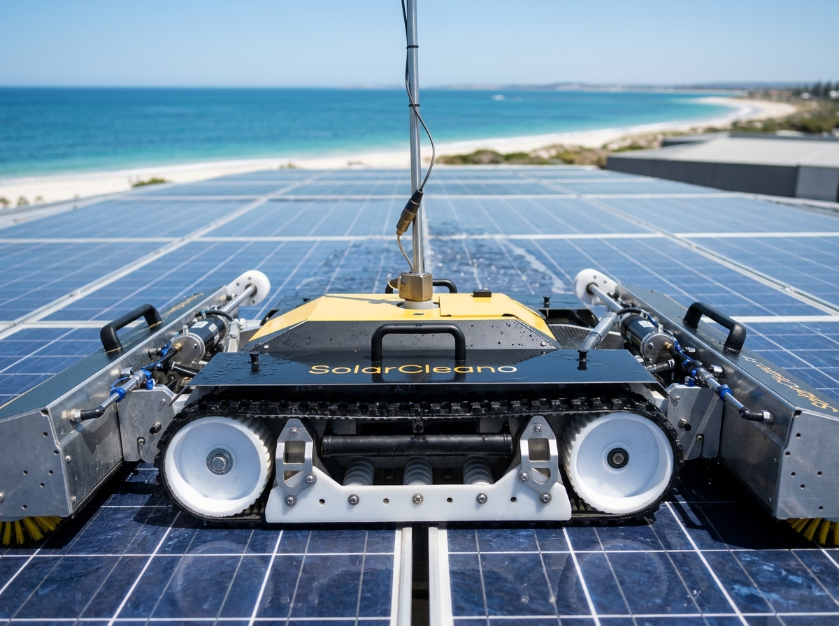 Purified Group technician cleaning commercial solar panels on a Rockingham coastal commercial building using pure water pole system