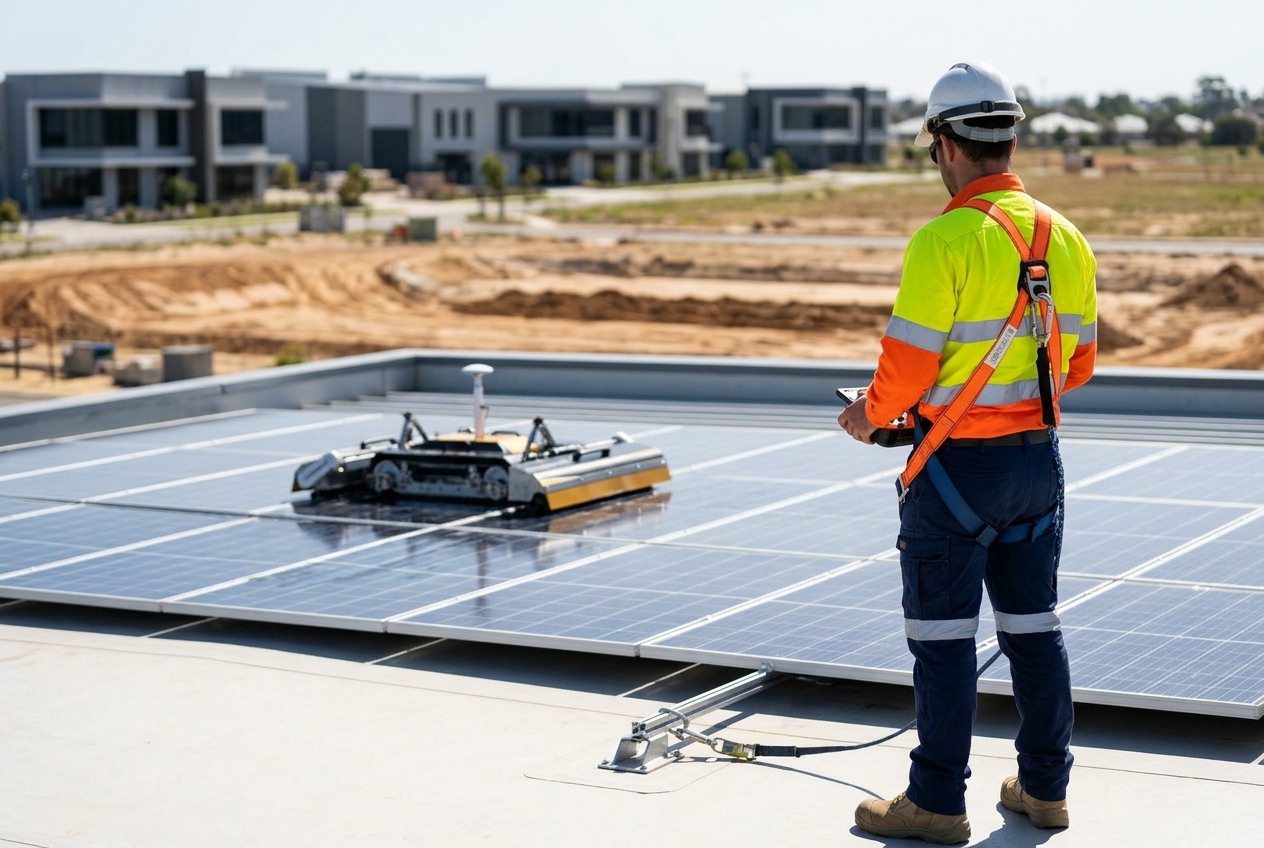 Solar panel cleaning on a newer Wanneroo business park warehouse rooftop, showing construction dust fouling on commercial PV array