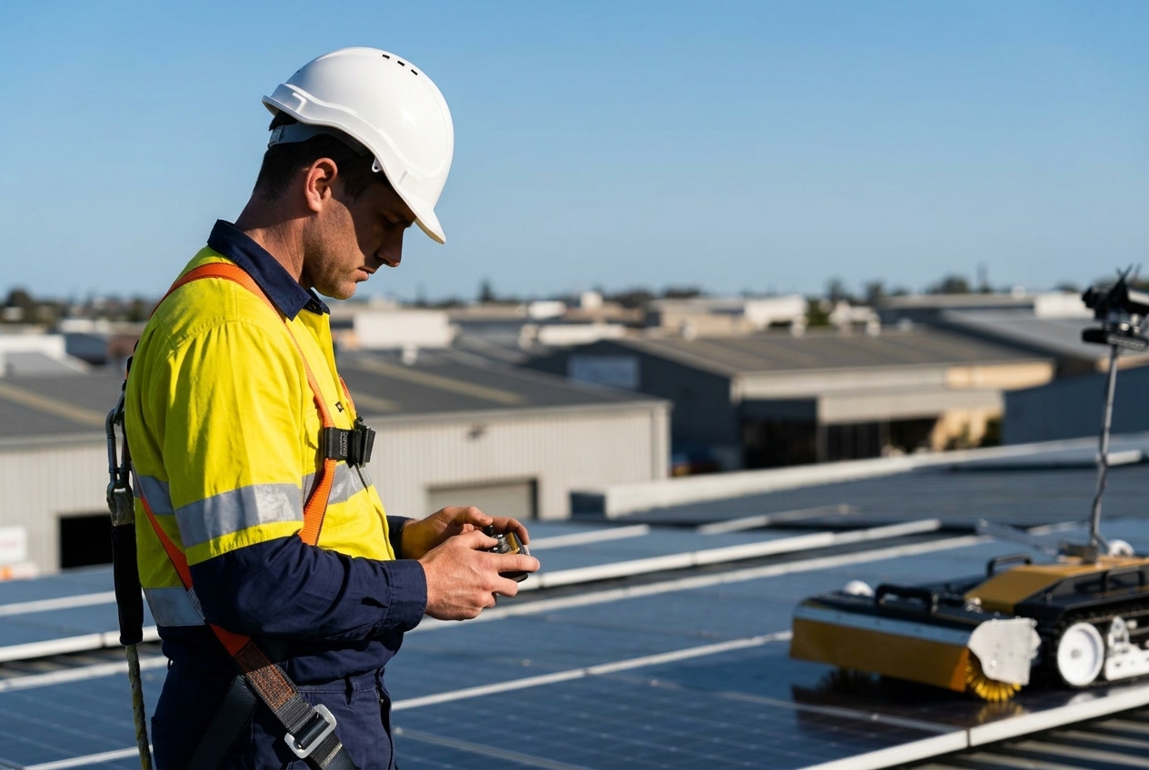 Purified Group commercial cleaning team completing a solar panel and window clean at an O'Connor trade premises, automotive industrial precinct Perth WA