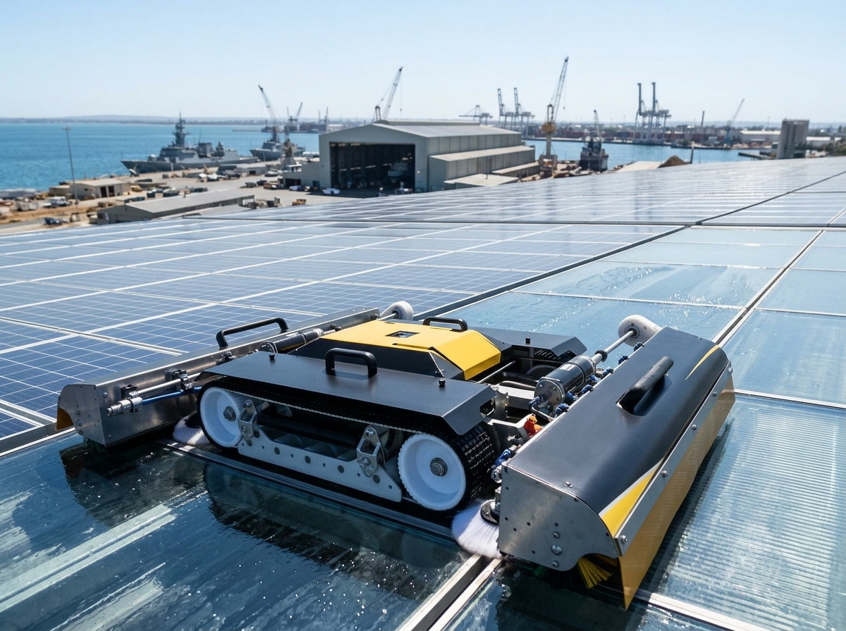 Purified Group technician cleaning commercial solar panels on a Henderson defence contractor facility rooftop overlooking the Australian Marine Complex