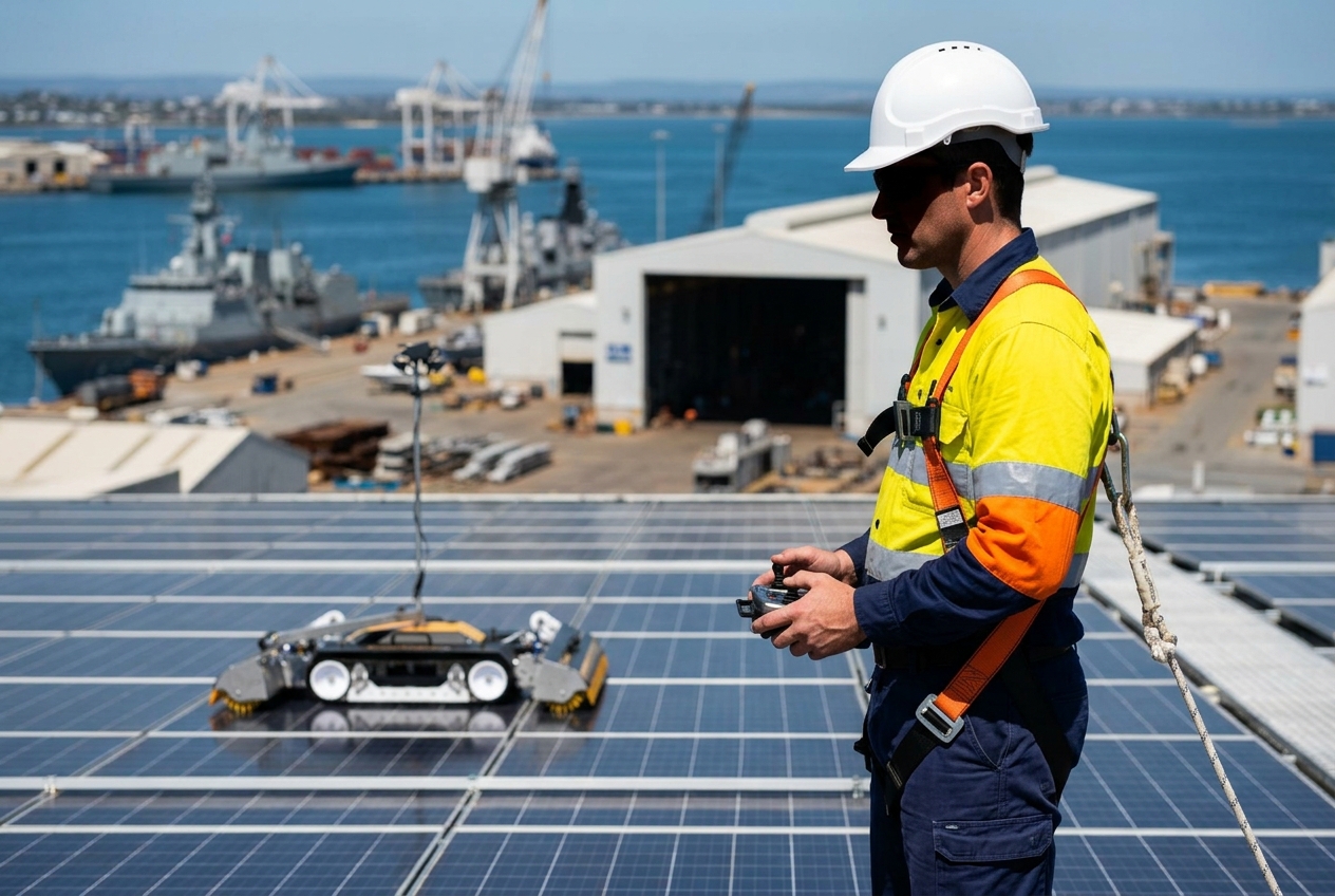 Purified Group commercial cleaning team completing a solar panel clean at a Henderson marine industrial facility near the Australian Marine Complex