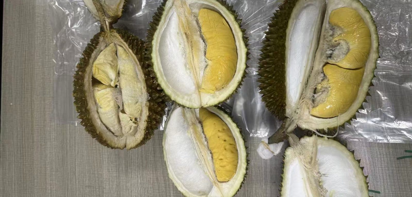 Three opened Musang King durians side by side showing differences in flesh colour and fullness