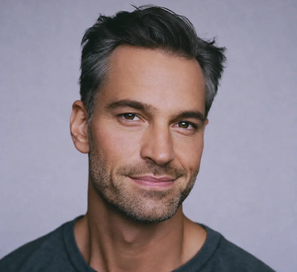 A smiling man in a grey shirt poses for the photo, showcasing a cheerful and inviting expression.