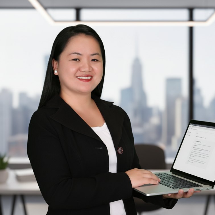 Feby Lunag smiling, holding a laptop
