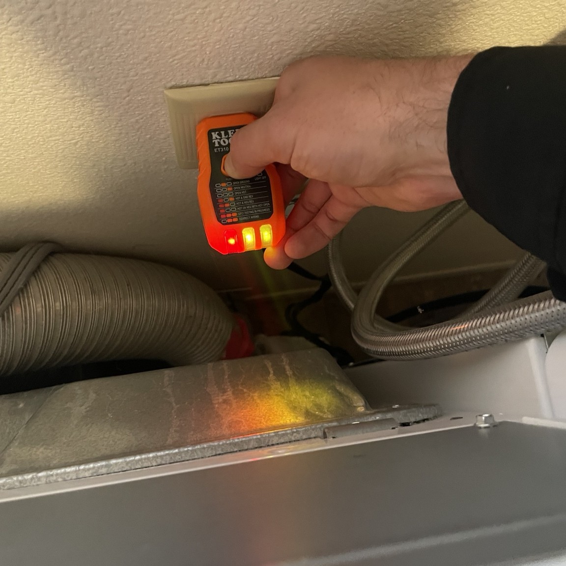 Tester at the laundry outlet and the kitchen disposal outlet under the sink. Neither tripped when tested. Tester at the laundry outlet and the kitchen disposal outlet under the sink. Neither tripped when tested.