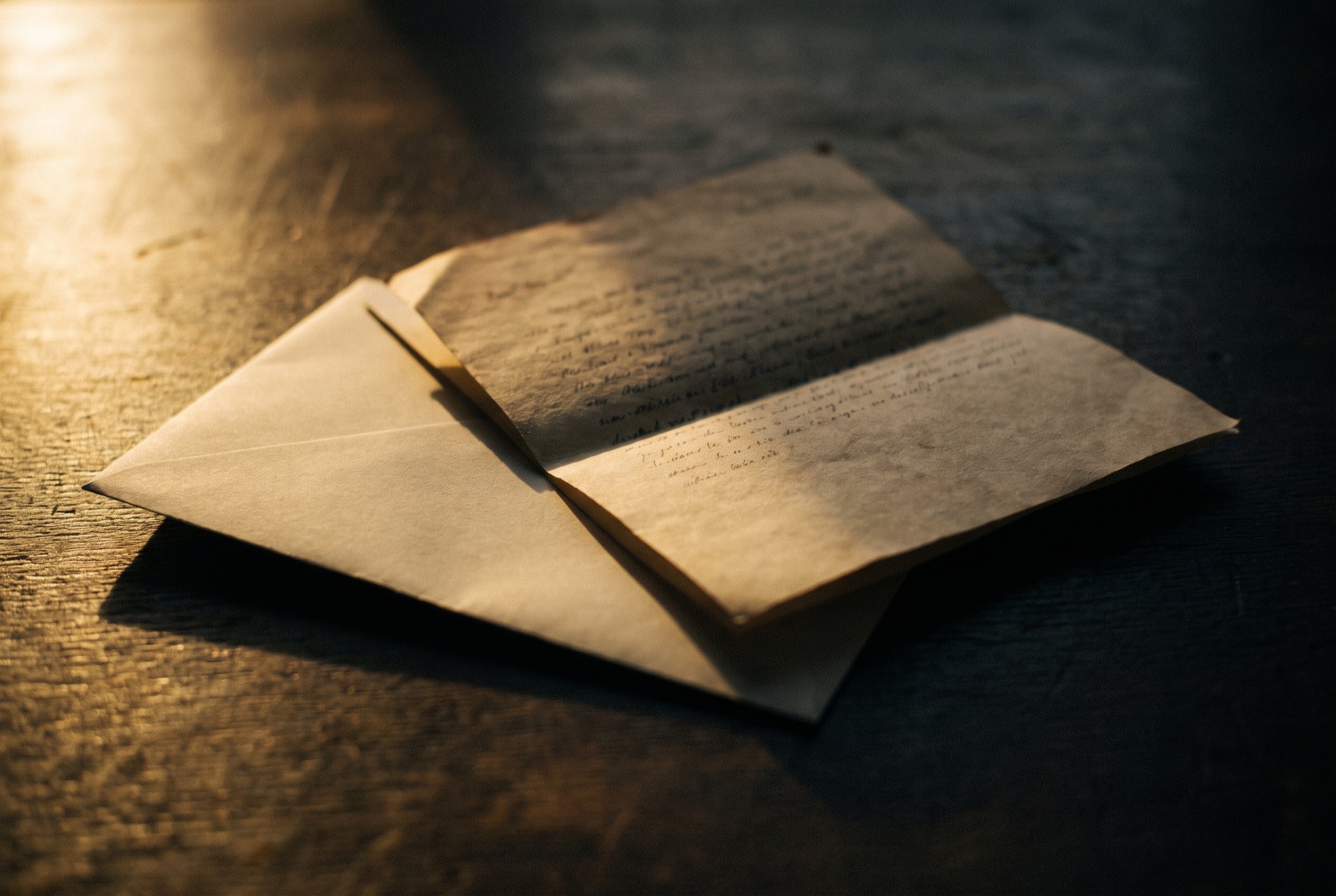 A folded printed letter beside a plain envelope on a dark surface.