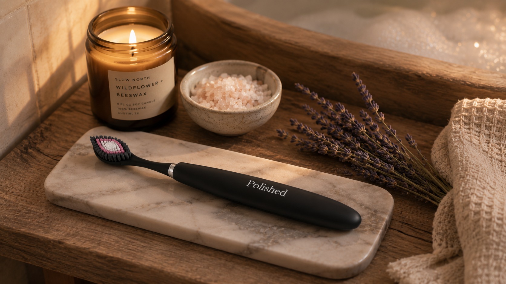 A candle and spa items on a wellness shelf