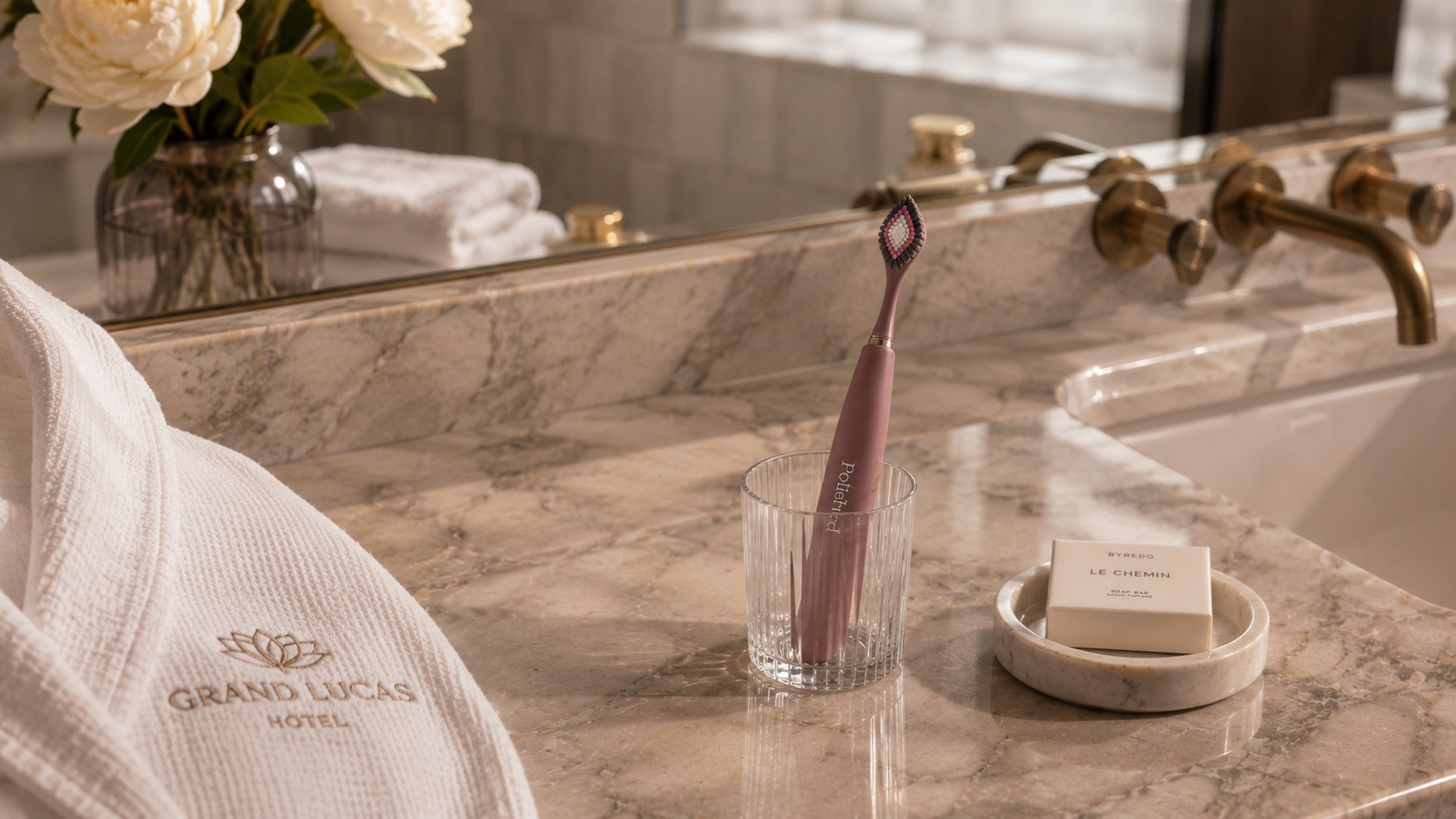 A marble counter in a luxury hotel bathroom