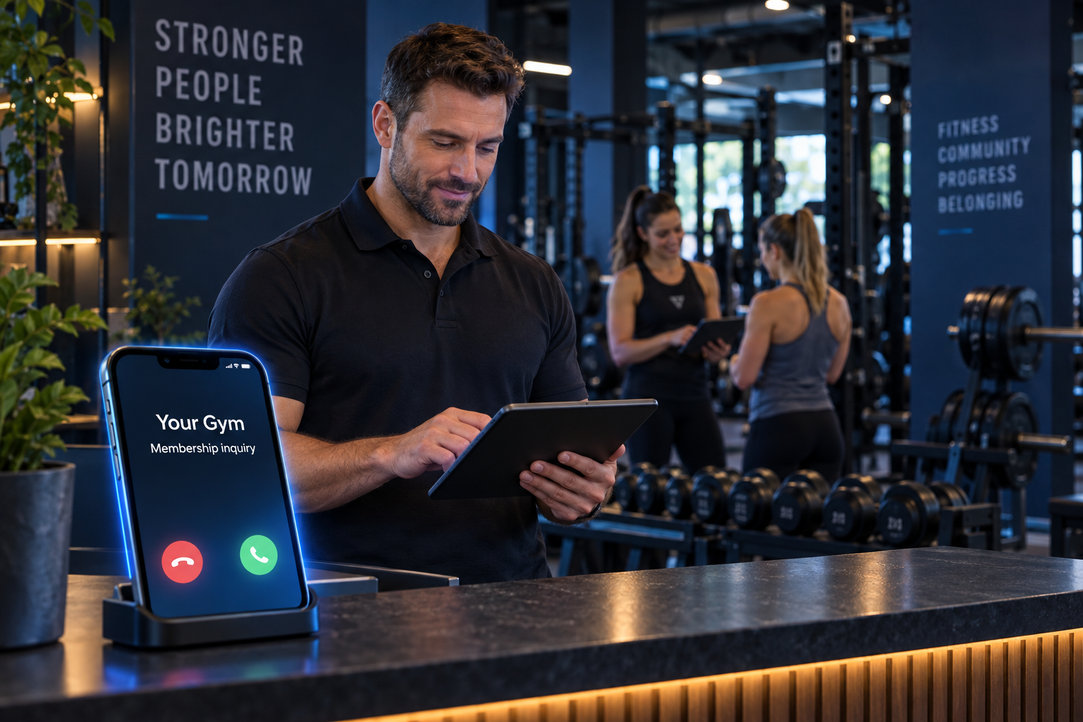 Gym owner at the front desk with a membership inquiry on the phone