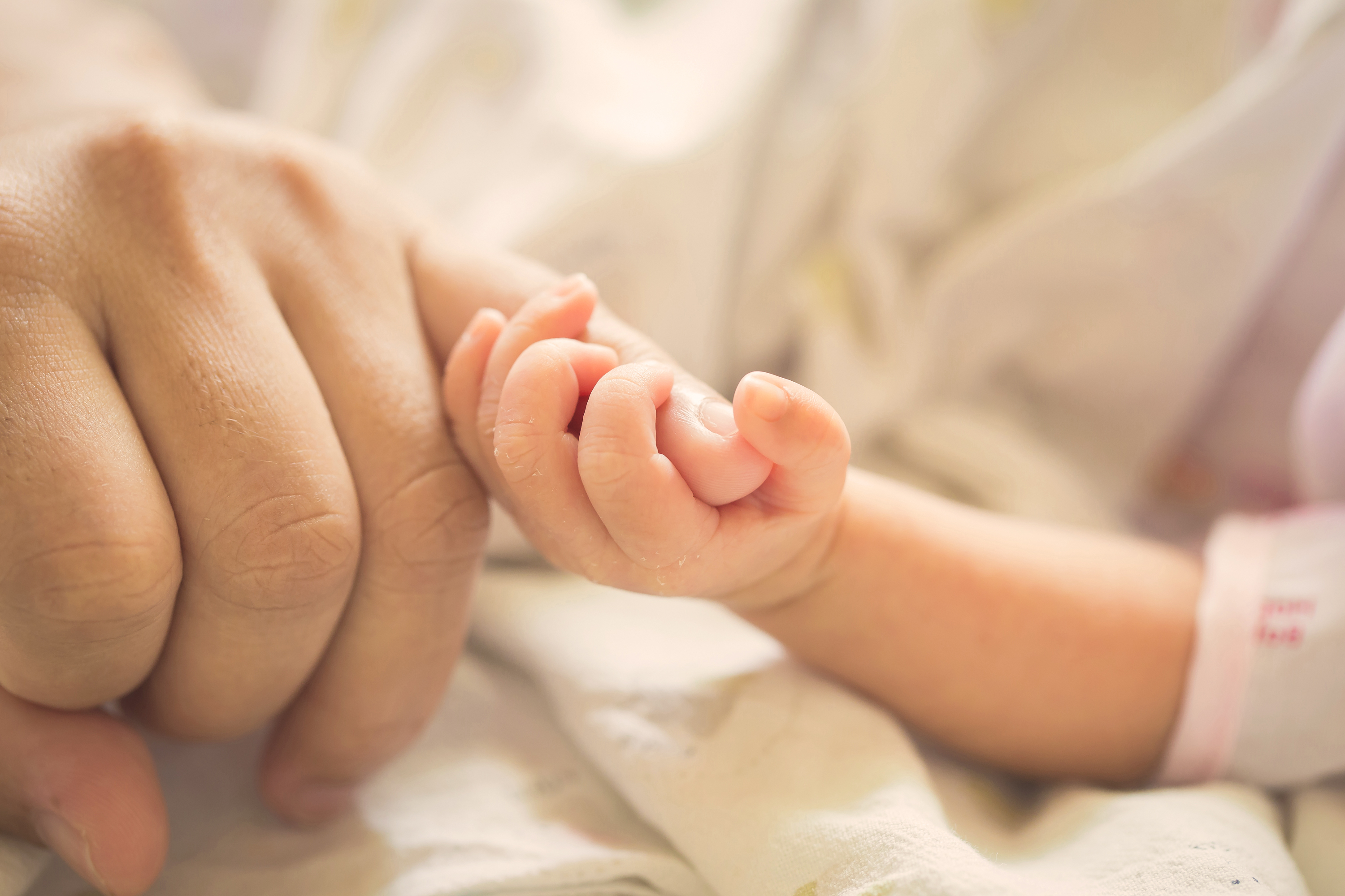 Close-up of a newborn baby's hand gently holding an adult's finger, both resting on a soft, light-colored blanket.