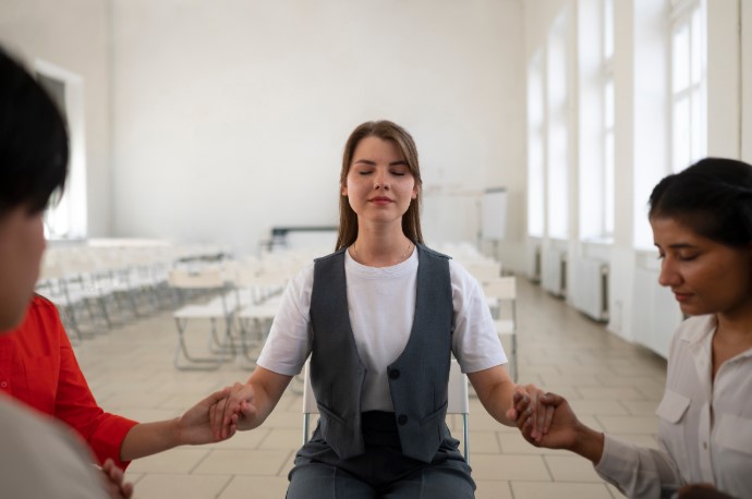 A woman meditating in a bright room, holding hands with two others, practicing mindfulness and relaxation.