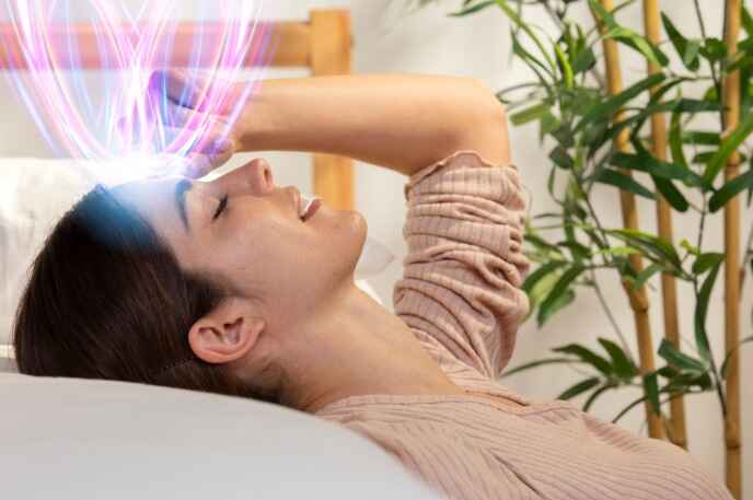 Woman experiencing energy healing for headache relief, combining relaxation and hypnosis techniques for stress relief.