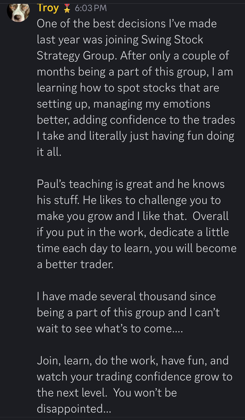 Original SSSG member message from Troy