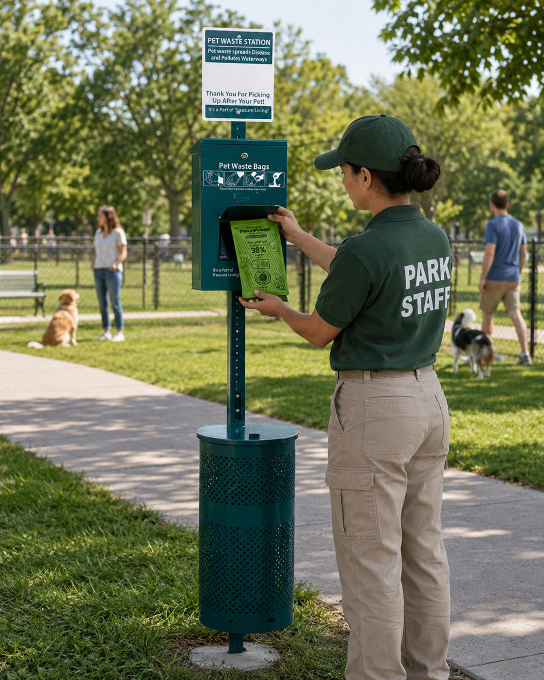 Commercial park staff refilling pet waste station