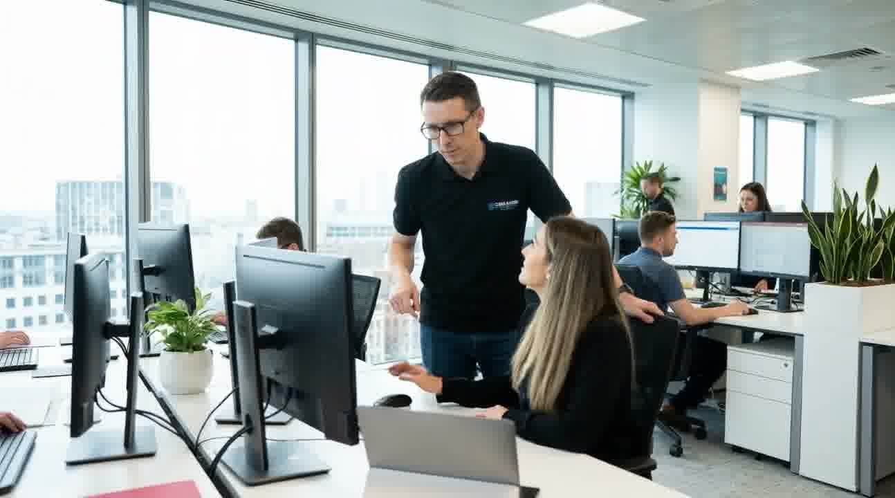 A Cyber Kaizen engineer helping a client at her desk
