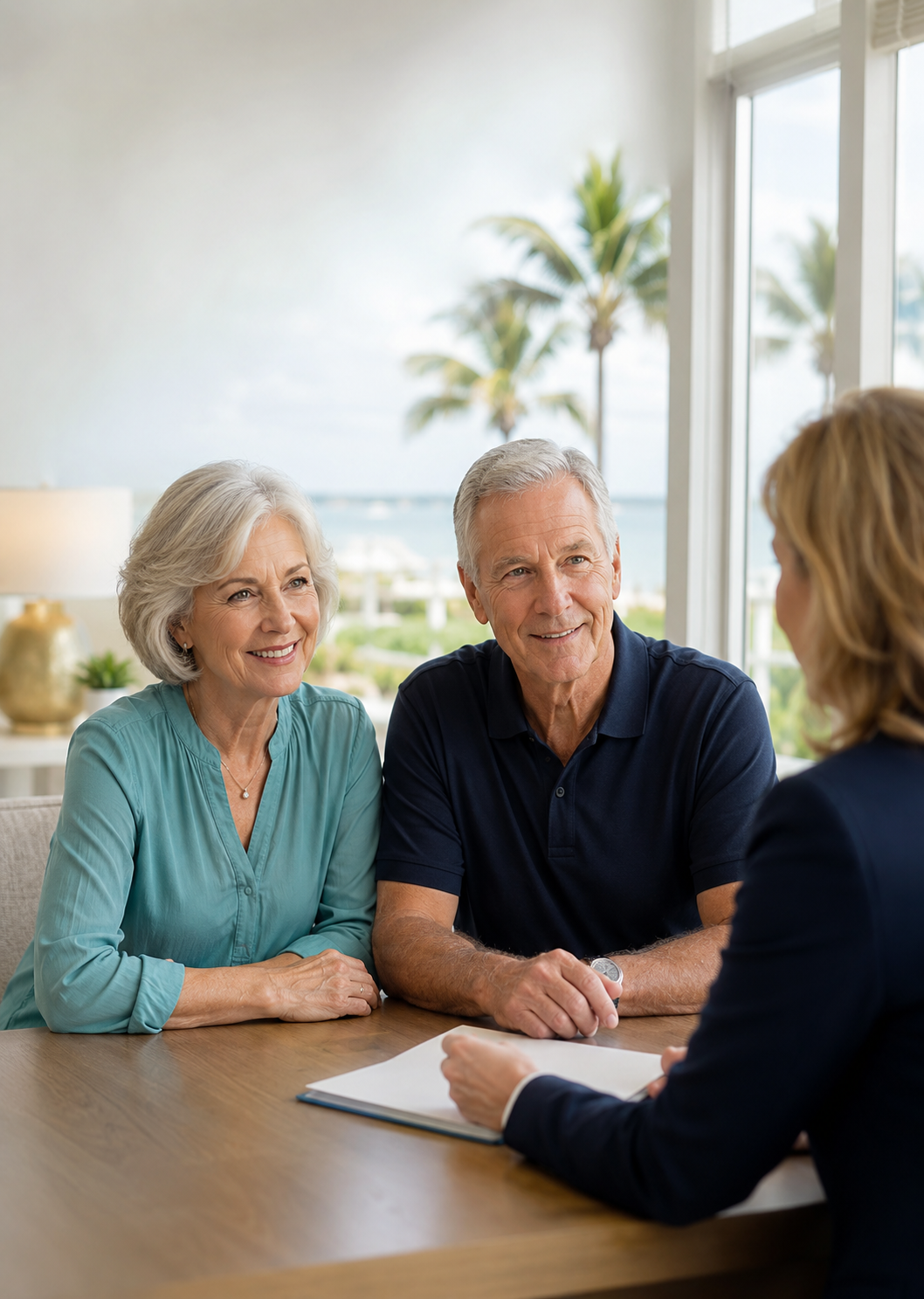 A Florida senior couple discussing Medicare Supplement coverage with a friendly advisor