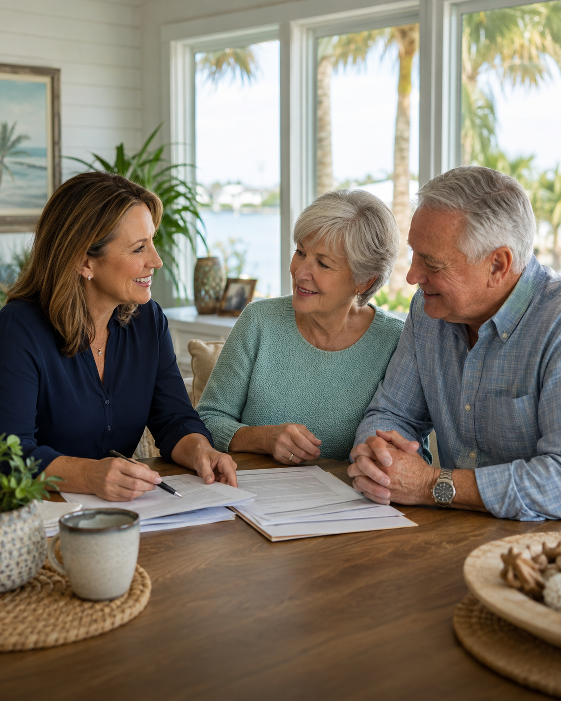 A senior couple having a comfortable conversation with an advisor