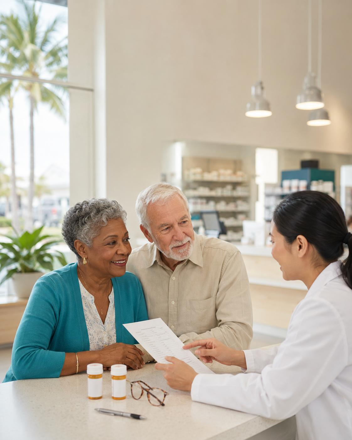 A Florida senior couple reviewing prescriptions with a friendly Medicare advisor