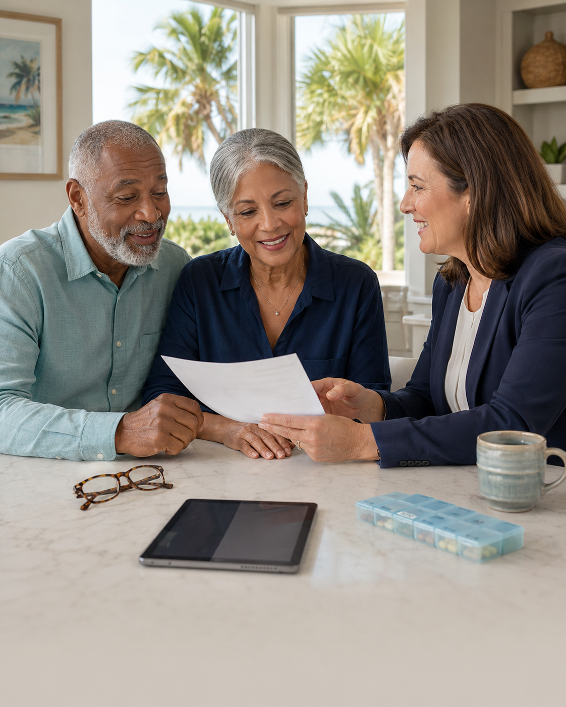 A senior couple reviewing a prescription list with a friendly local advisor