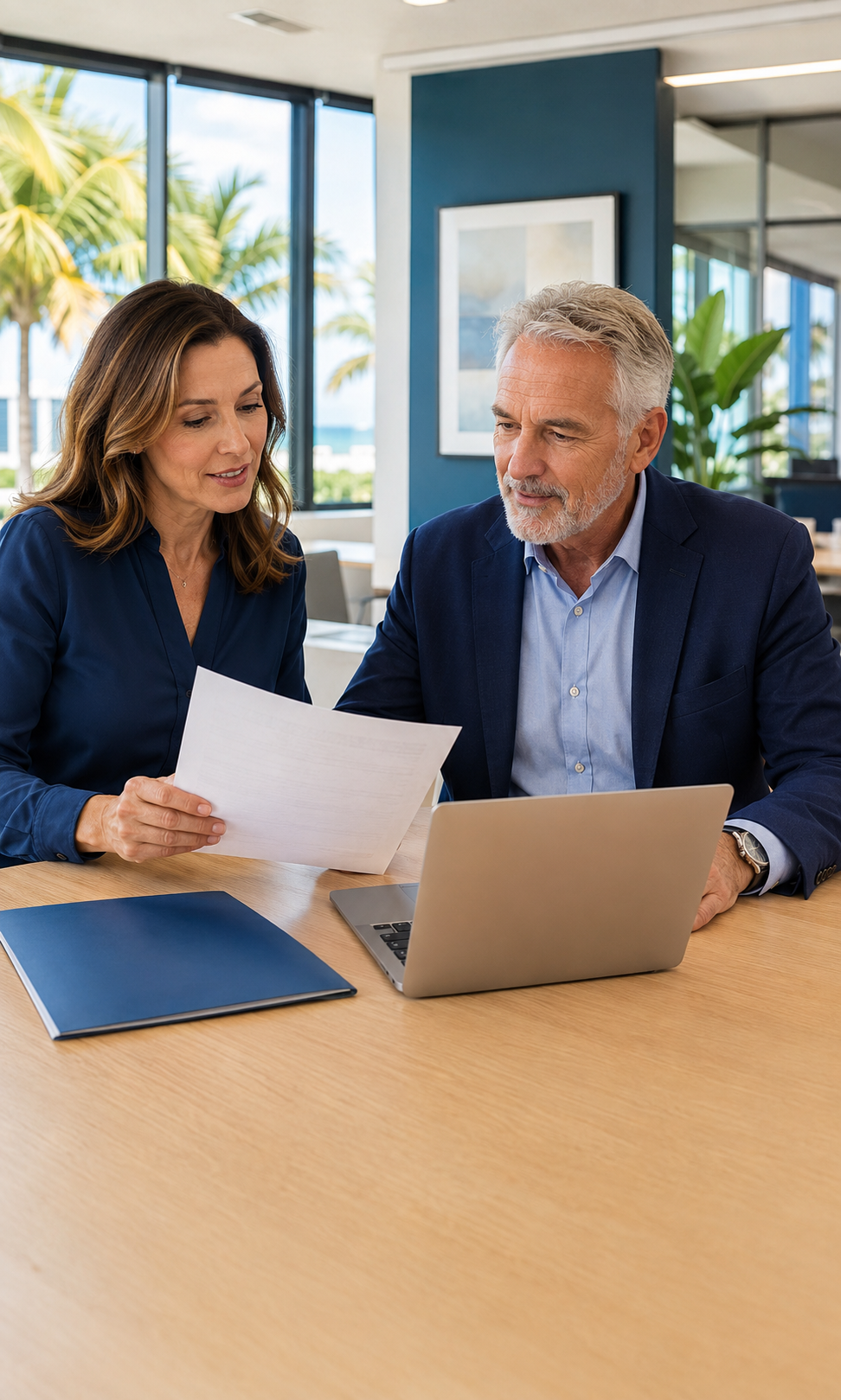 An active professional working past age 65 reviewing employer health coverage with a benefits professional