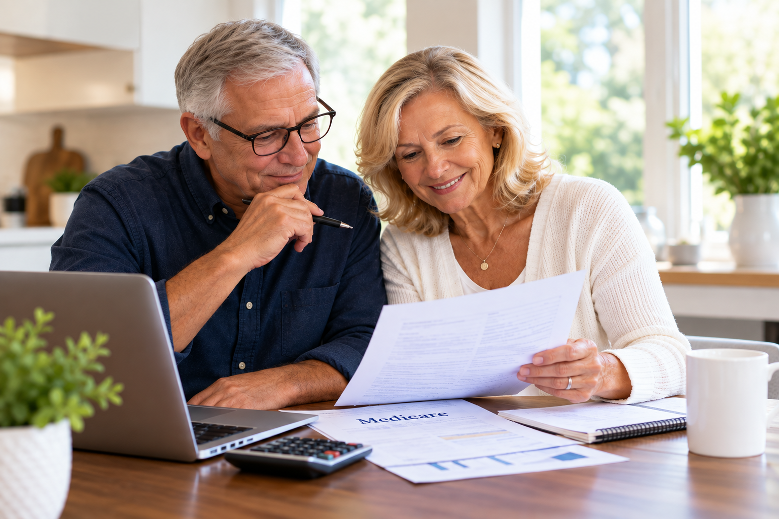 Retired couple reviewing Medicare costs together