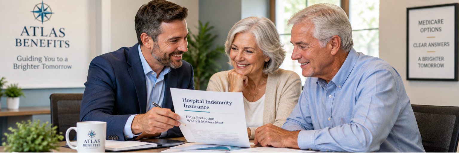 Medicare-age couple reviewing hospital expenses with an advisor