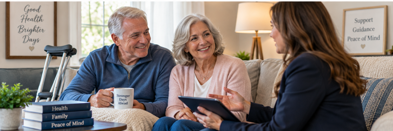 Senior couple discussing recovery and expenses with an advisor