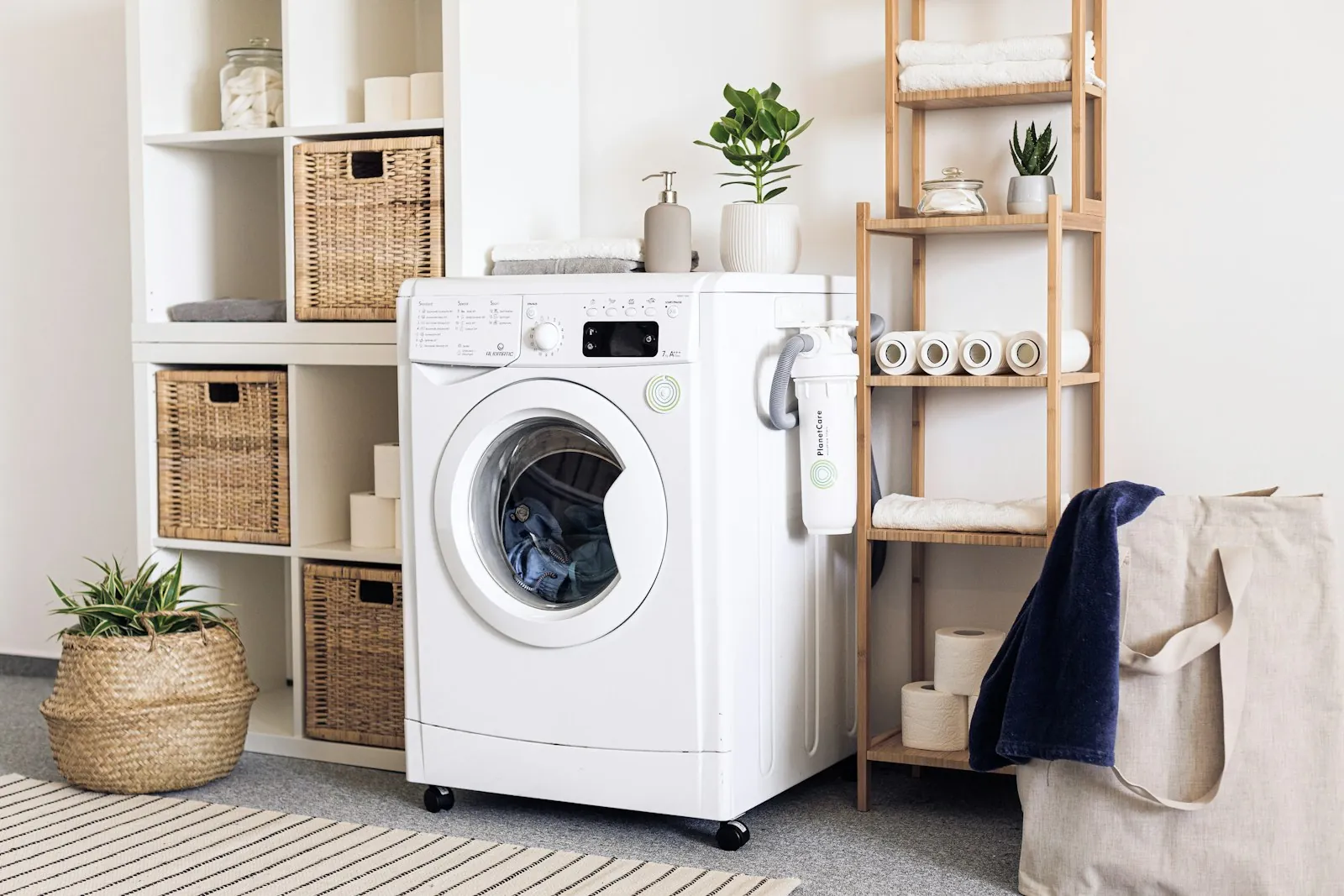 Representative stock photo of a front-load washing machine in a laundry room