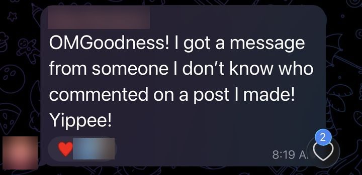 Elisa: a message from someone new who commented on her post