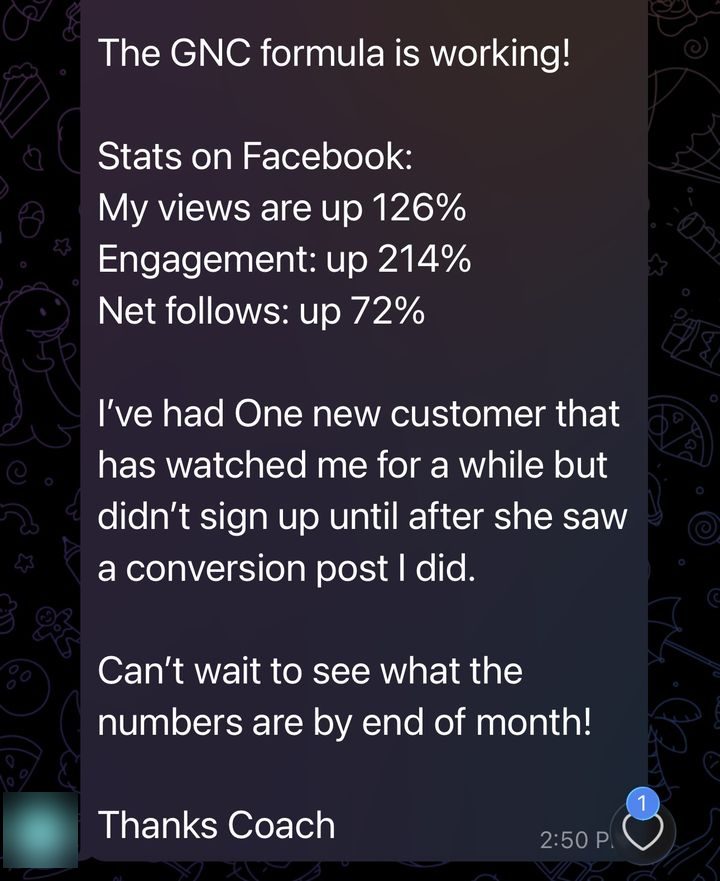 Member: the GNC formula is working, plus a new customer from a conversion post