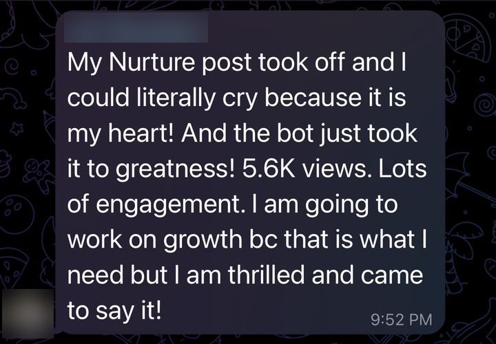 Jen: her Nurture post took off with the bot, 5.6K views