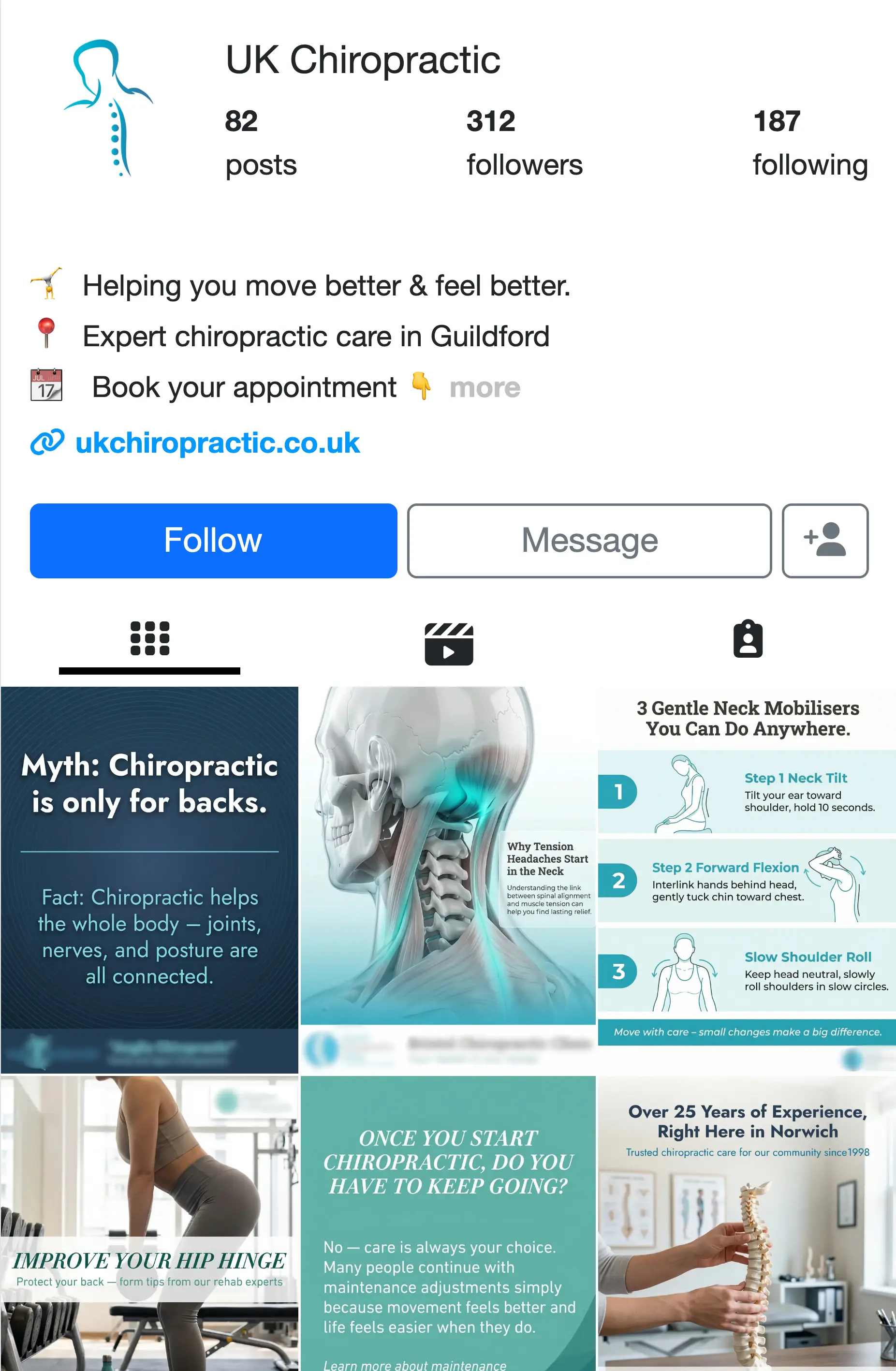 Active clinic Instagram feed showing branded, consistent content