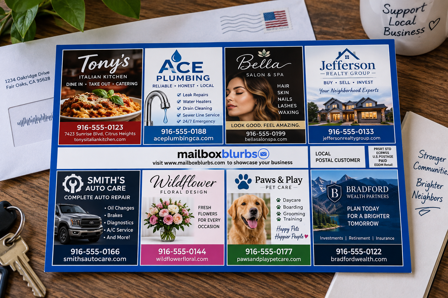 Mailbox Blurbs shared community postcard displayed with regular mail