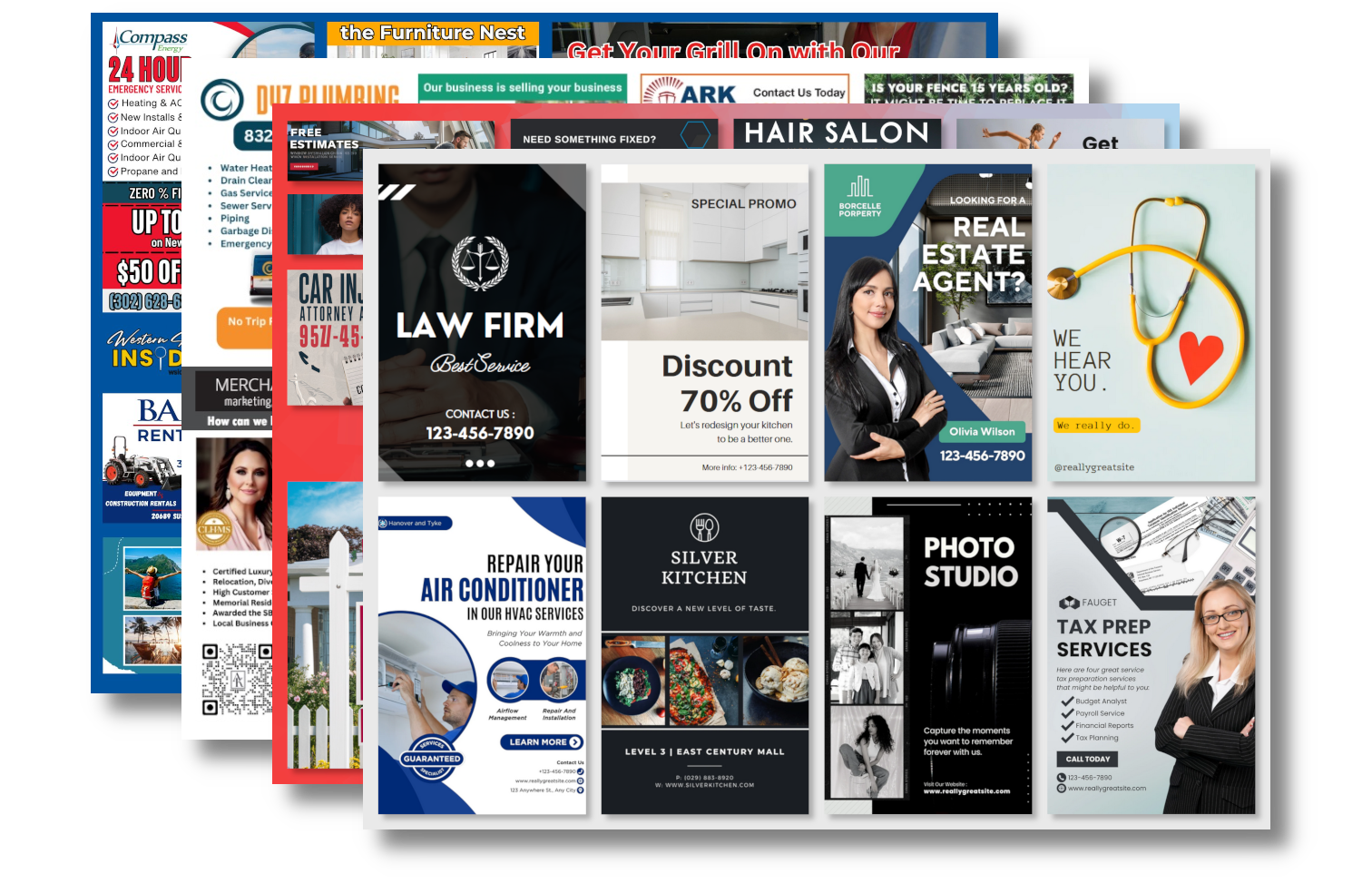 Examples of Mailbox Blurbs community mailers featuring multiple local businesses