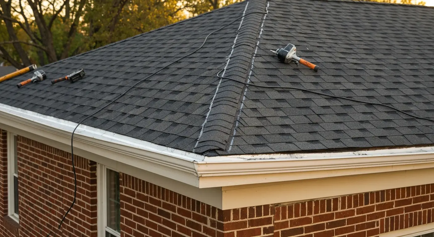 Residential roof repair on brick home