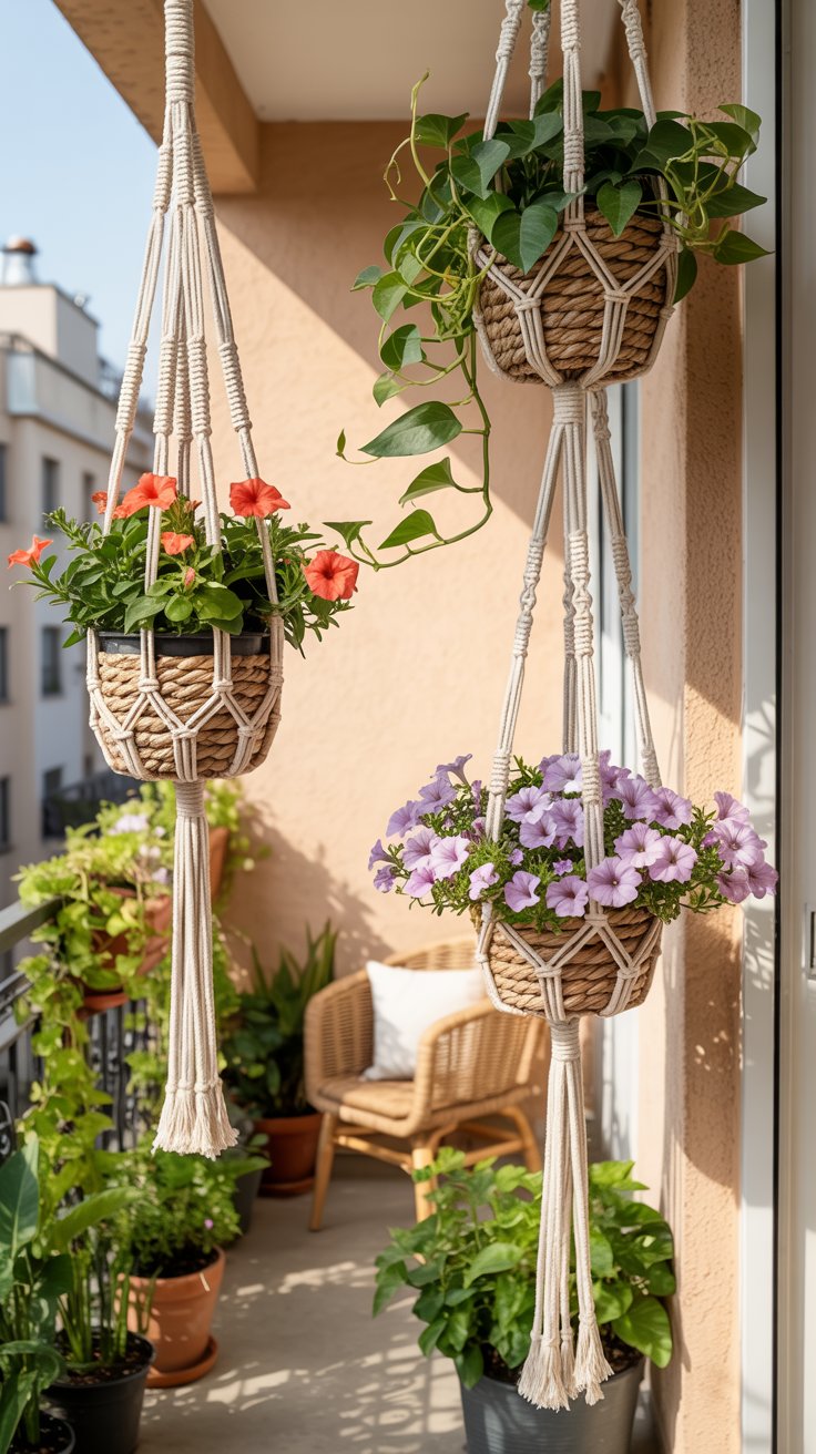 A cozy balcony with macramé hanging planters filled with lush green pothos and blooming flowers. Soft sunlight filters through, highlighting the vibrant greenery against a neutral wall.