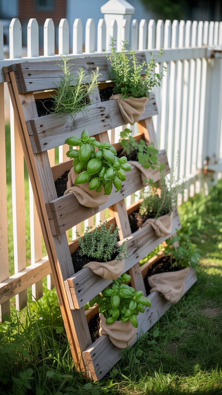 A repurposed wooden pallet turned into a vertical herb garden, propped against a backyard fence. Small pockets of basil, rosemary, and thyme peek through the wooden slats.