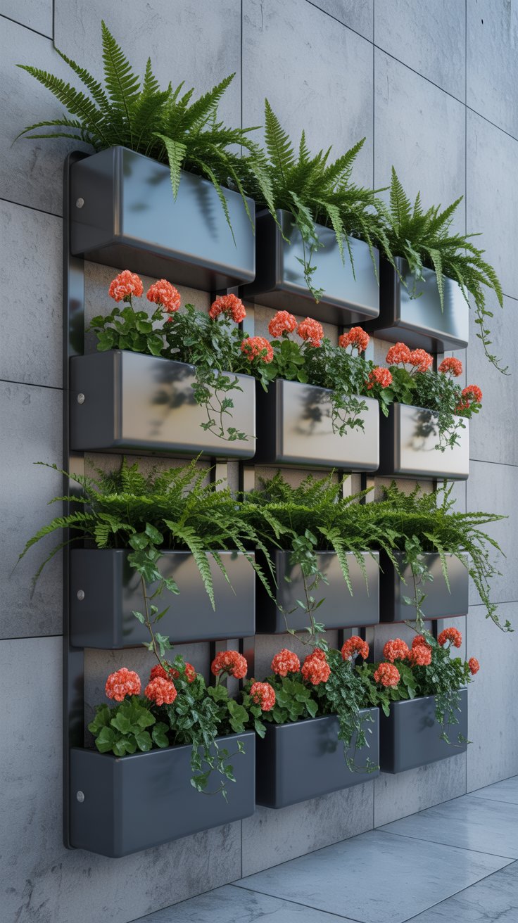 A modern backyard wall garden with a grid of sleek, black metal planters filled with vibrant flowers and ferns. The contrast of greenery against a neutral-colored wall adds a contemporary feel.