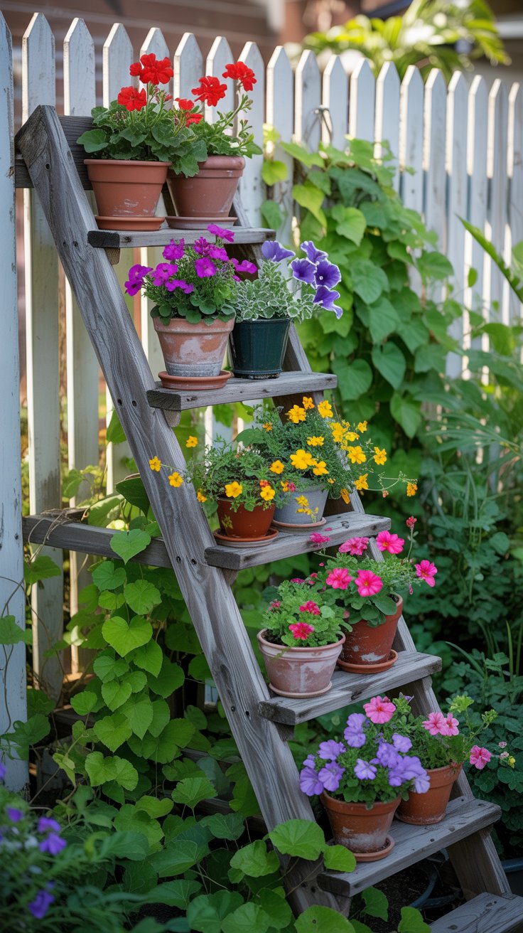 A vintage wooden ladder leaned against a fence, filled with colorful potted plants on each step. The scene is bright and inviting, with climbing vines growing around the base.