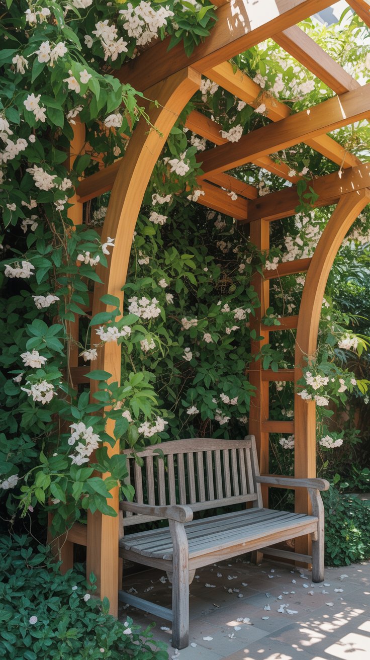 A wooden trellis covered in climbing jasmine, with delicate white flowers blooming. A garden bench sits beneath, creating a cozy and fragrant outdoor space.