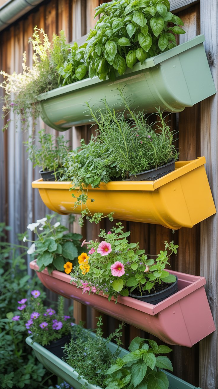 A colorful set of mounted rain gutters filled with fresh herbs and small flowers, creating a unique, space-saving garden along a backyard fence.