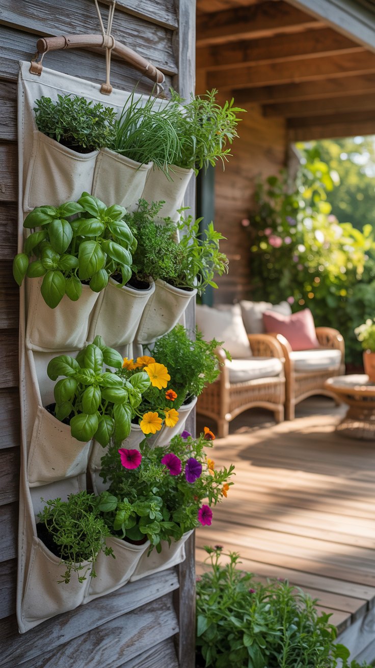 A fabric pocket planter hanging on a patio wall, overflowing with leafy green herbs and colorful flowers. The backdrop is a wooden deck with a cozy seating area.
