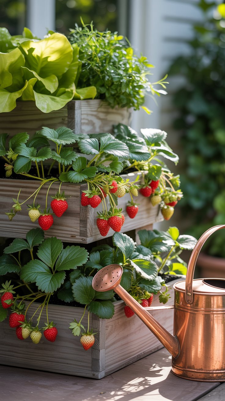 A vibrant tiered planter with strawberries and leafy greens growing in layers. A small watering can sits nearby, hinting at easy maintenance.