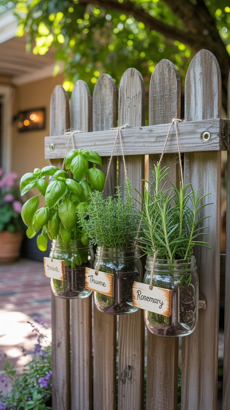 A wooden fence with mason jar planters holding basil, thyme, and rosemary, each labeled with a rustic wooden tag. The fence is surrounded by a cozy backyard setting.