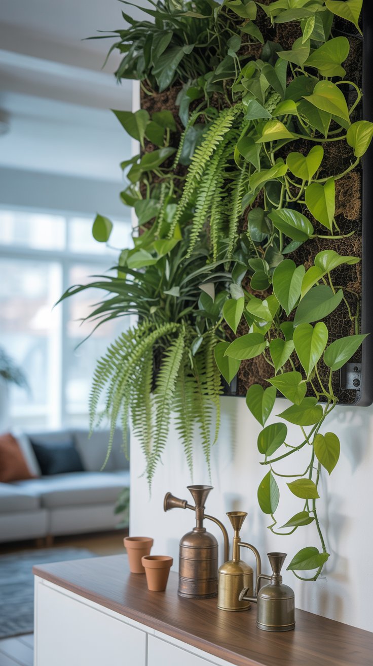 A stunning indoor living wall filled with cascading pothos and ferns in a bright, modern living room. A wooden shelf with decorative plant misters sits below, completing the cozy aesthetic.