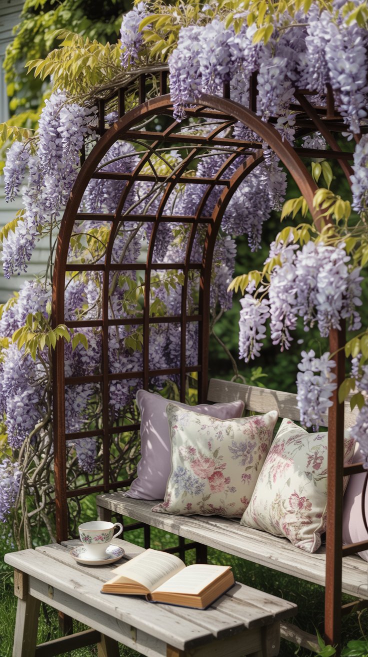 A vintage iron trellis arching over a wooden garden bench, covered in cascading wisteria. Soft floral cushions rest on the seat, while a cup of tea and a book sit on a weathered wooden table nearby. A vintage iron trellis arching over a wooden garden bench, covered in cascading wisteria. Soft floral cushions rest on the seat, while a cup of tea and a book sit on a weathered wooden table nearby.